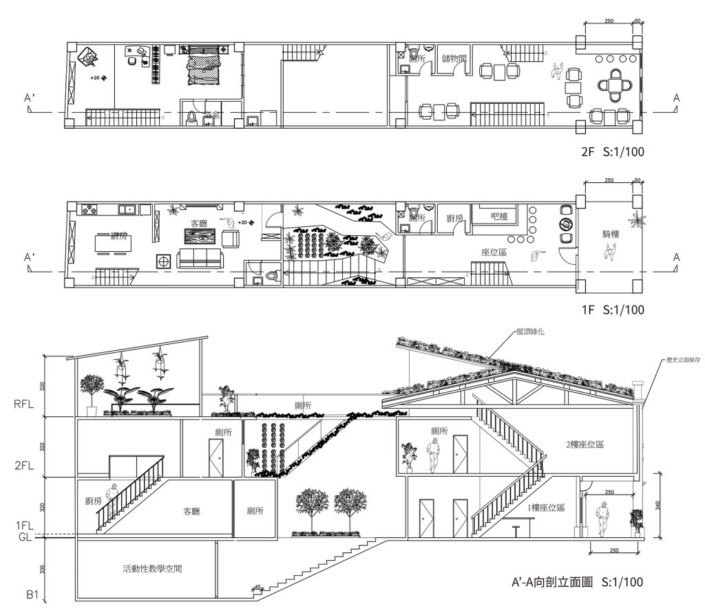 篙青厝 設計成果圖面 (上、中：部分樓層平面圖、下：設計剖立面圖)