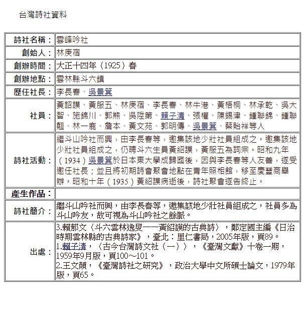 雲峰吟社（臺灣詩社資料：http://cls.lib.ntu.edu.tw/pclub/srch_list_result.aspx?PID=000081）